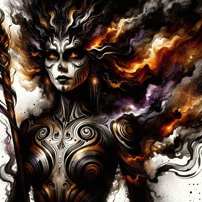 The primary subject of the image is a woman with a unique and intricate tattoo design on her face. She is standing in front of a purple and orange background, which adds to the vibrant and artistic atmosphere of the scene. The visual style of the image is a combination of digital art and illustration, creating a striking and eye-catching portrait. The colors and mood of the image are bold and expressive, with the woman's tattoo and the vivid background colors contributing to a sense